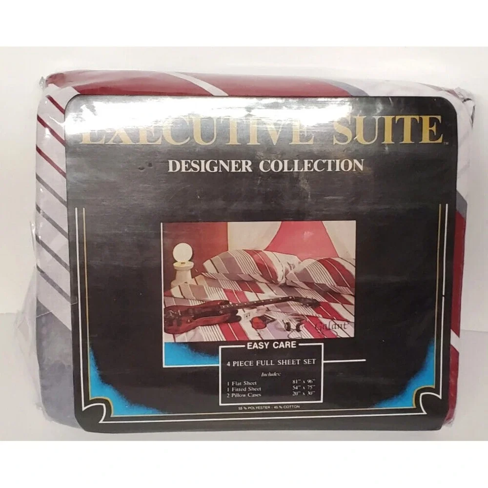 Sheet Set Full Size Executive Suite Stripes 4 PCS New Old Stock Package End Open